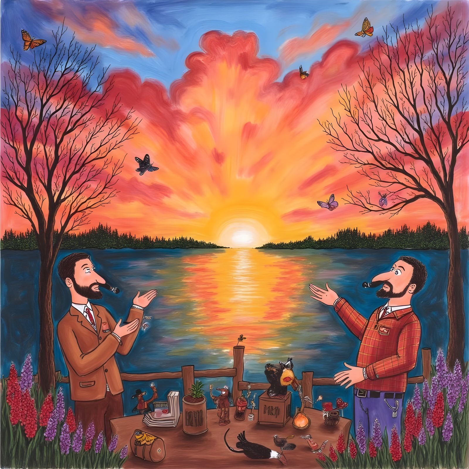 Friends Enjoying a Beautiful Dawn, Cartoon Style