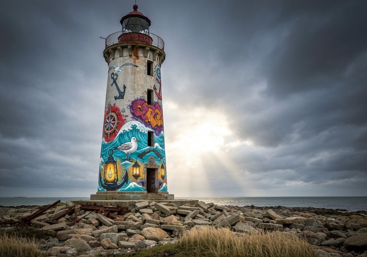 Lighthouse Graffiti Art on Rocky Shore