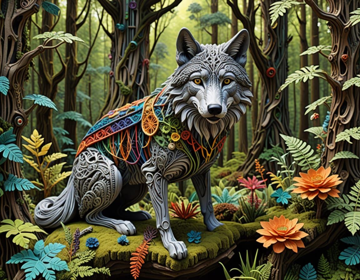 Macrame Grey Wolf in Surreal Collage Wonderland
