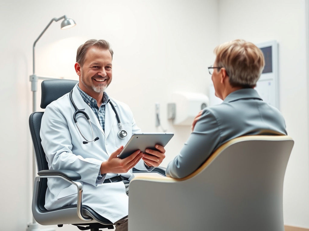 Friendly Doctor Explains Diagnosis in Modern Clinic