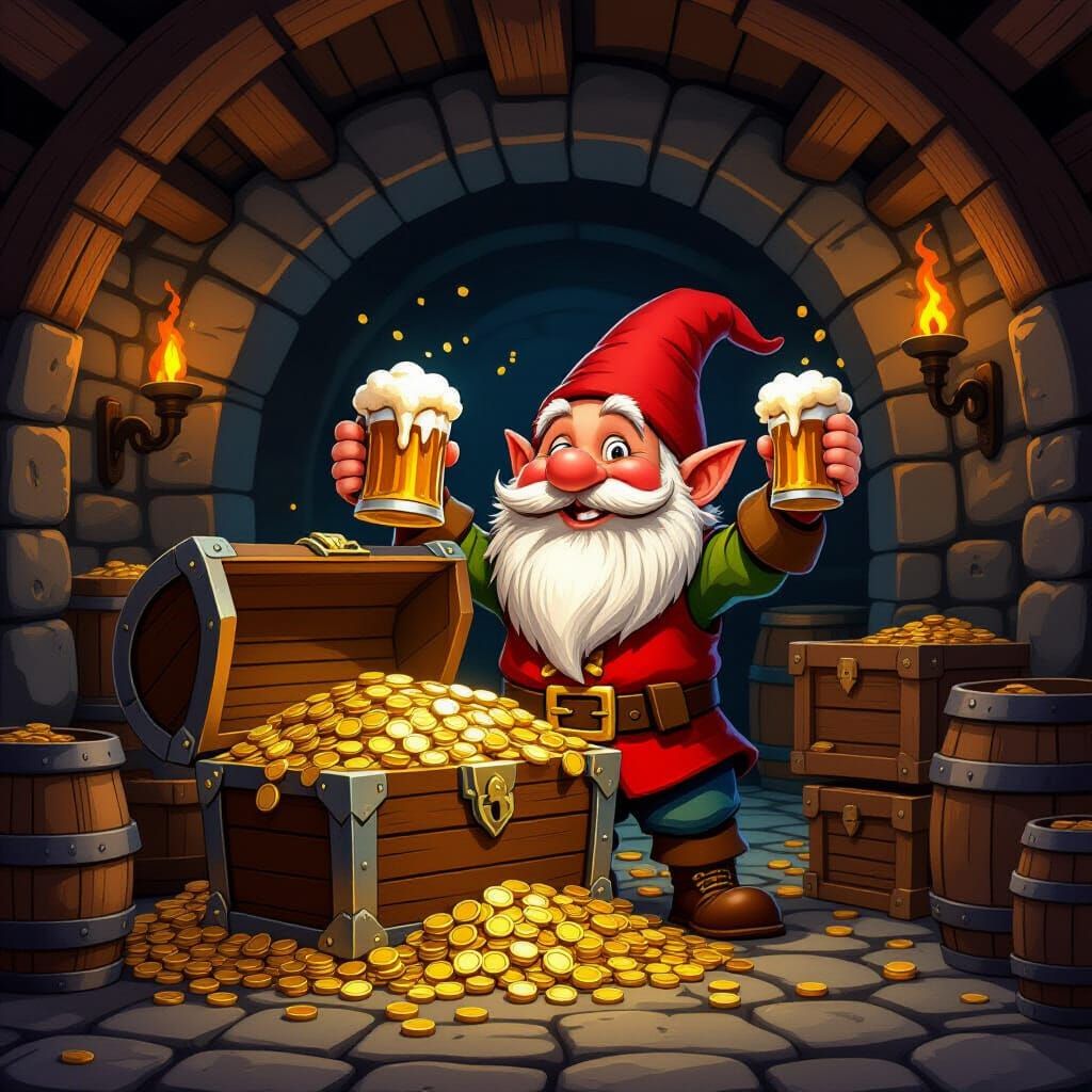 Gnome's Jackpot: A Cartoon Celebration in a Tavern