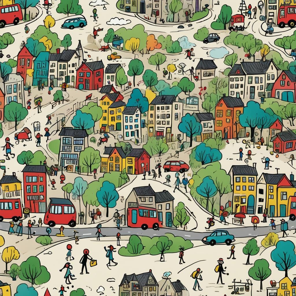 Vibrant Doodle City with Quirky Stick Figures