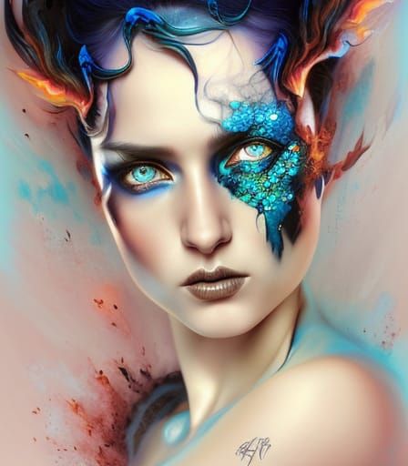 Intense Blue-Eyed Woman with Fire Background
