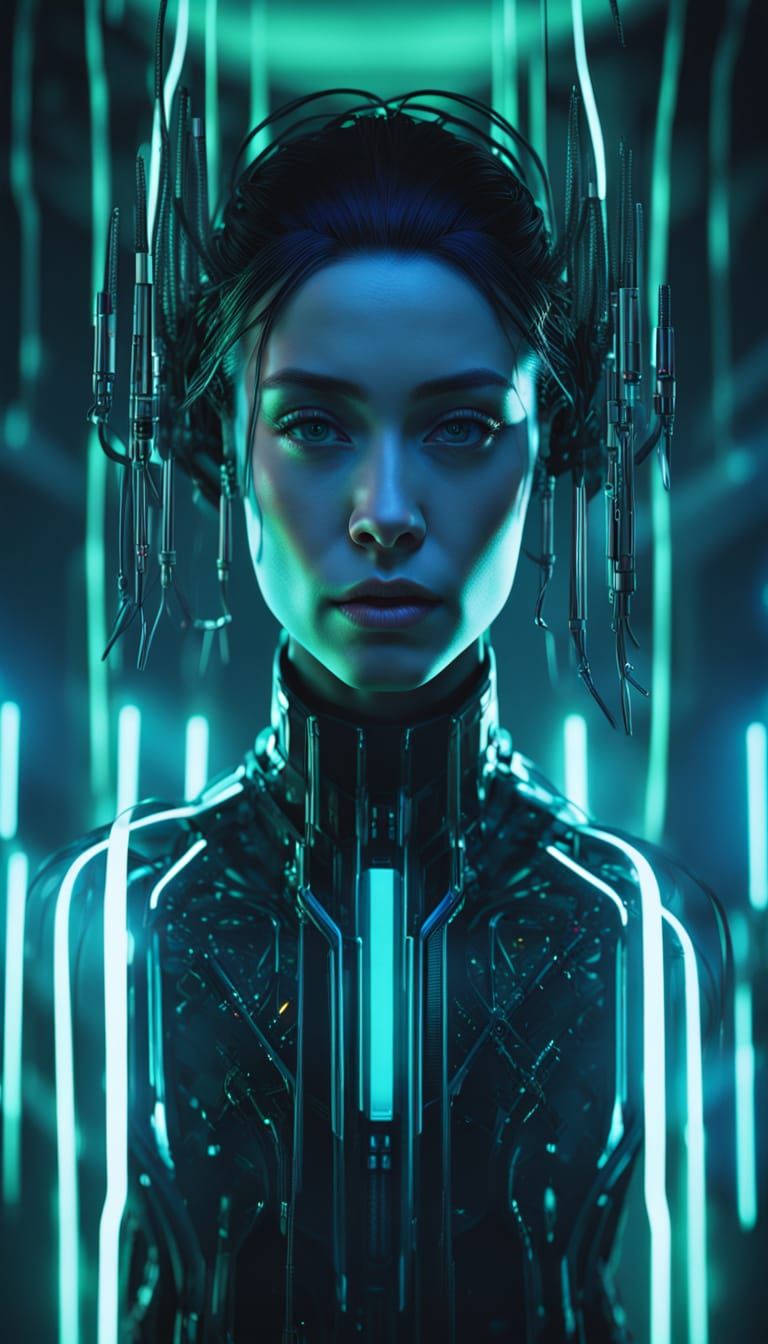 Biomechanical Goddess in a Futuristic Abyss