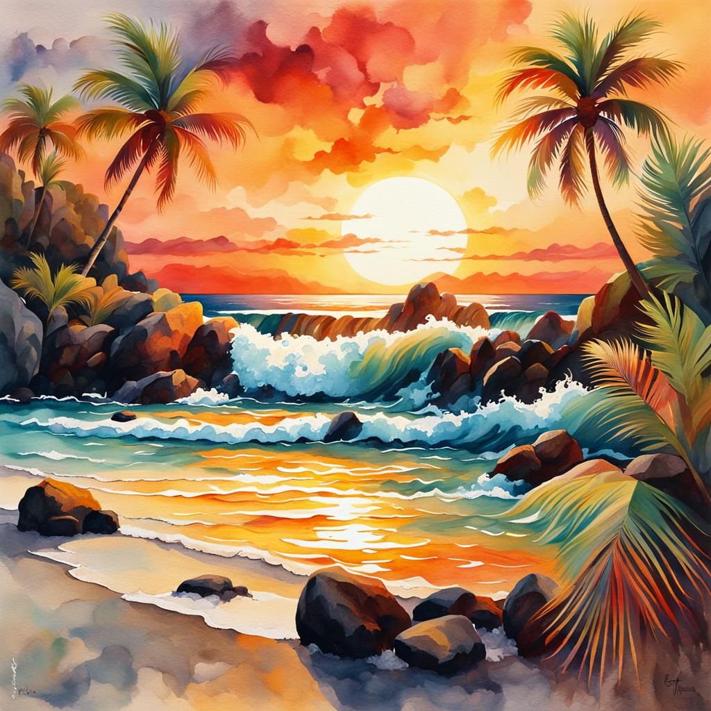 Warm Beach Sunset: Tropical Watercolor Illustration