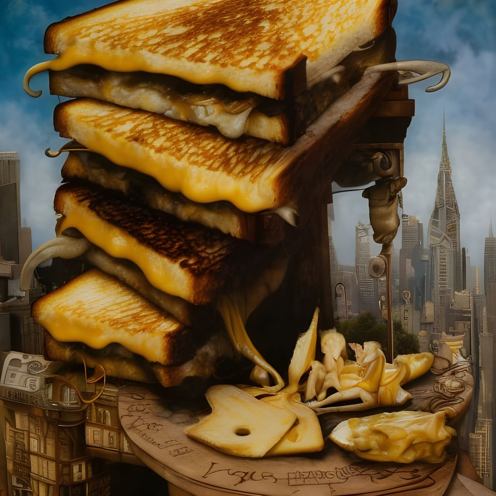 Photorealistic Grilled Cheese Sandwich in Surrealist Style