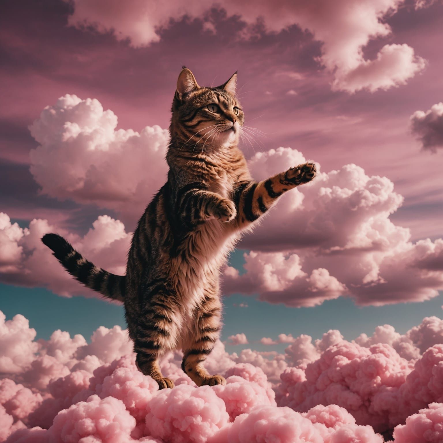 Dancing Cat on Pink Clouds: Cinematic Film Still