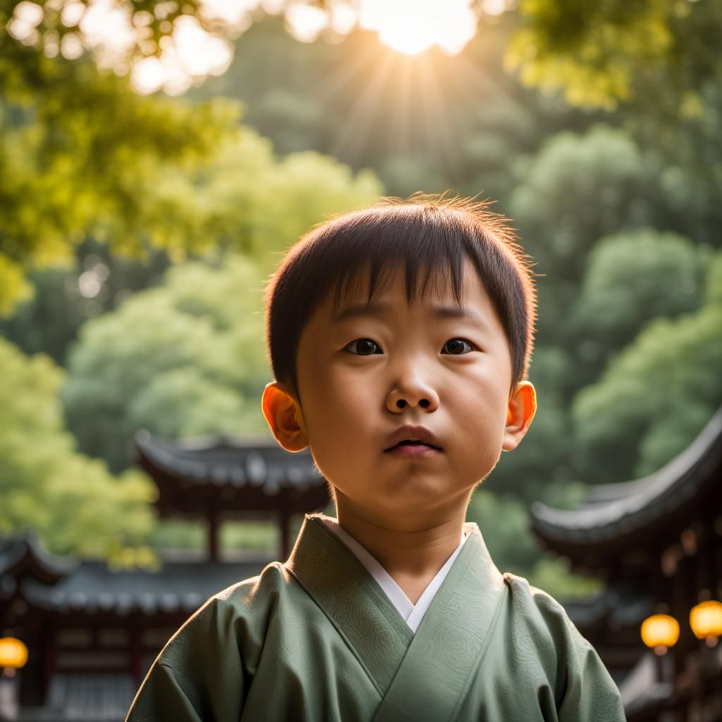 Boy's Sunrise Wonder at Shinto Shrine