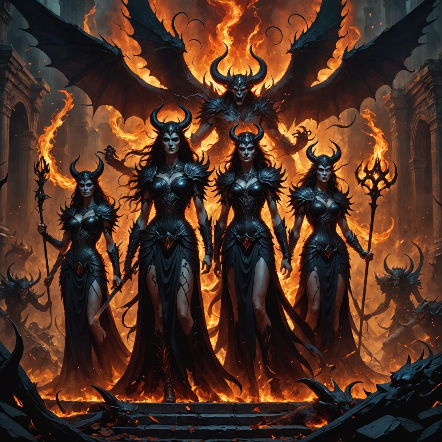 The Erinyes: Goddesses of Vengeance in Matte Painting Style