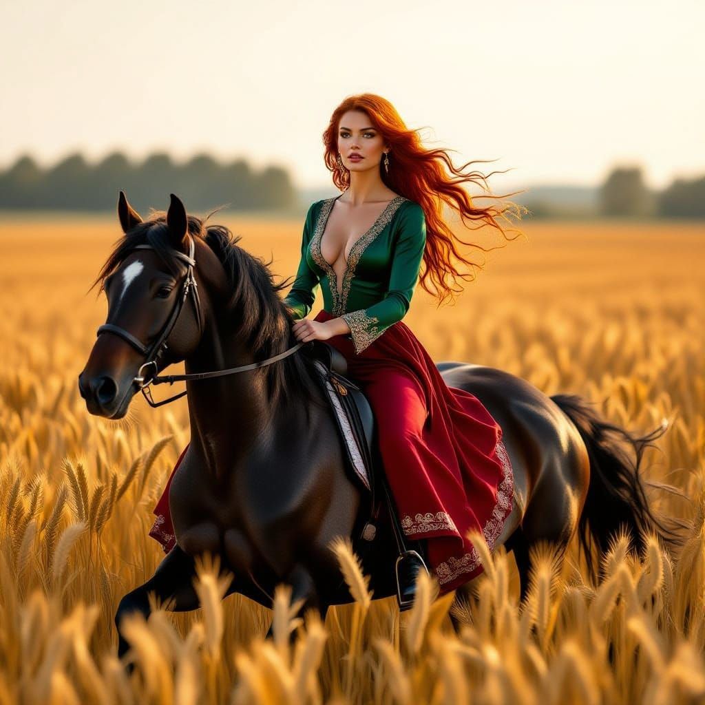 A stunning, realistic woman with windswept, auburn hair flow...