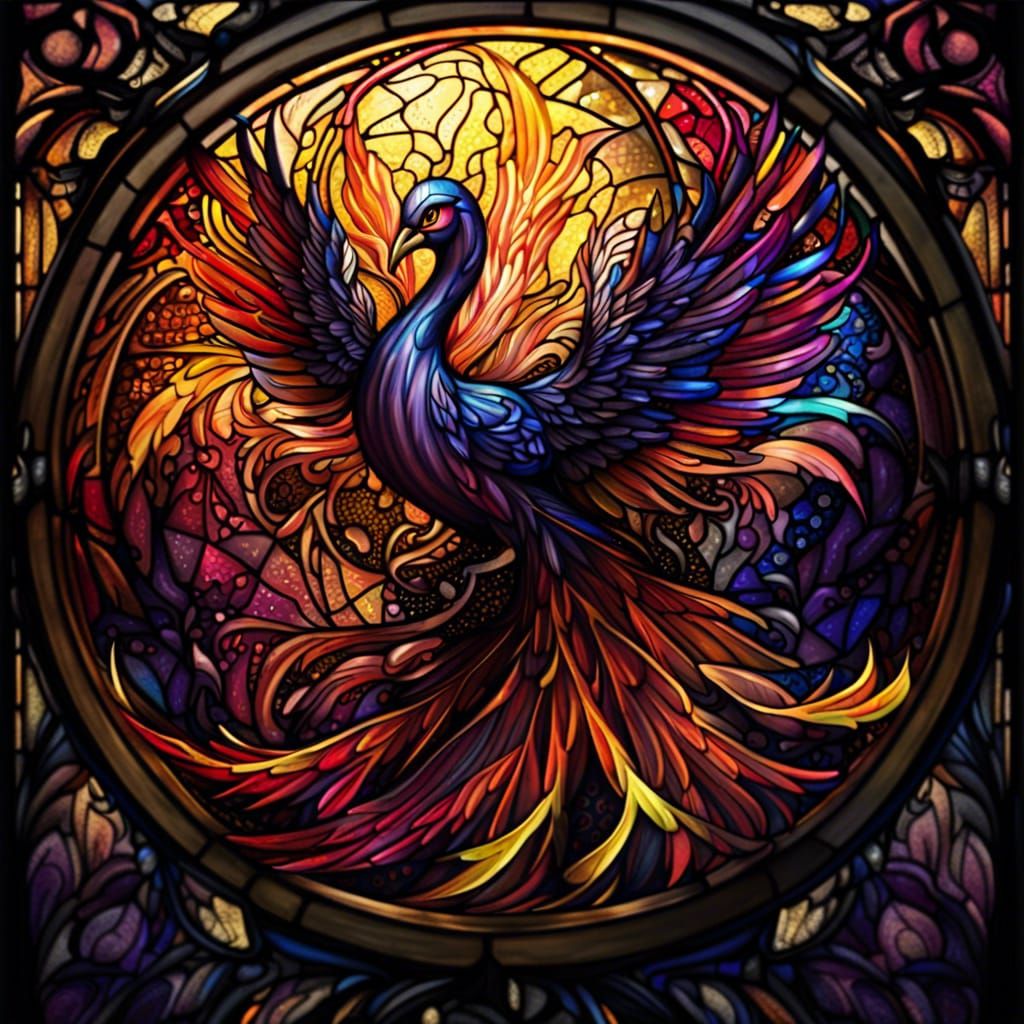 Stained Glass Phoenix in Orb: Fantasy Art