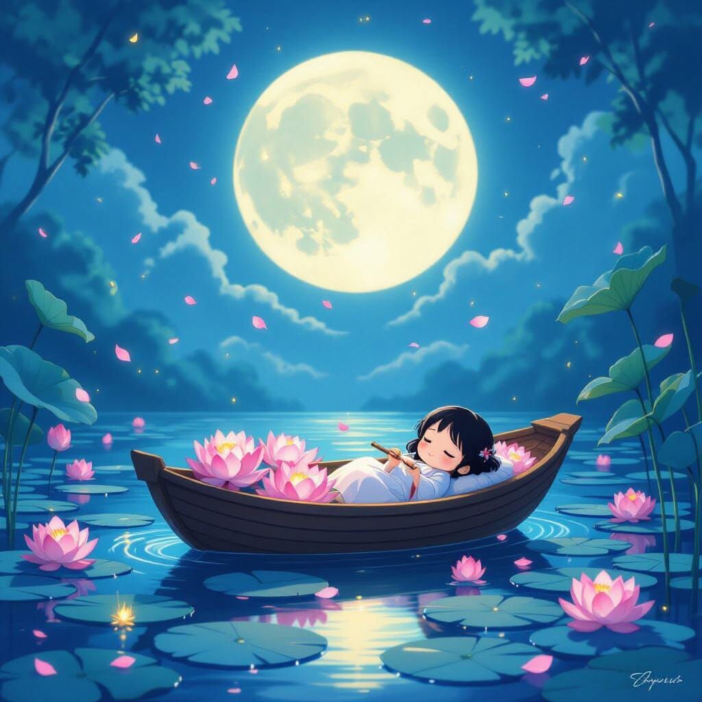 Moonlit Lotus Pond in Studio Ghibli Style
