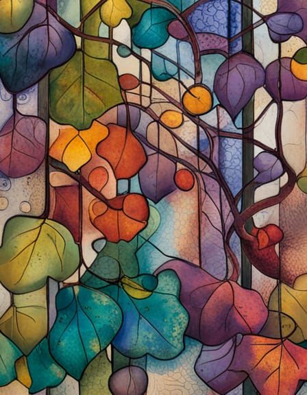 Abstract Botanical Monoprint in Triadic Autumn Colors