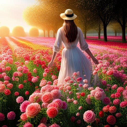 Woman in Rose-Covered Dress Walking Through Flower Field