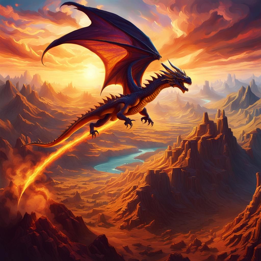 Dragon Soaring Over Fantasy Landscape in Golden Light