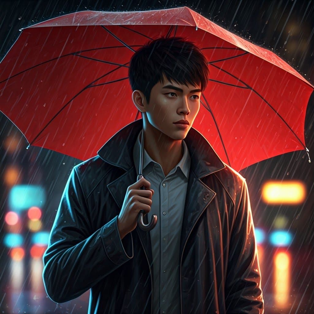 Hyperrealistic Asian Male Defies Rain in Cityscape