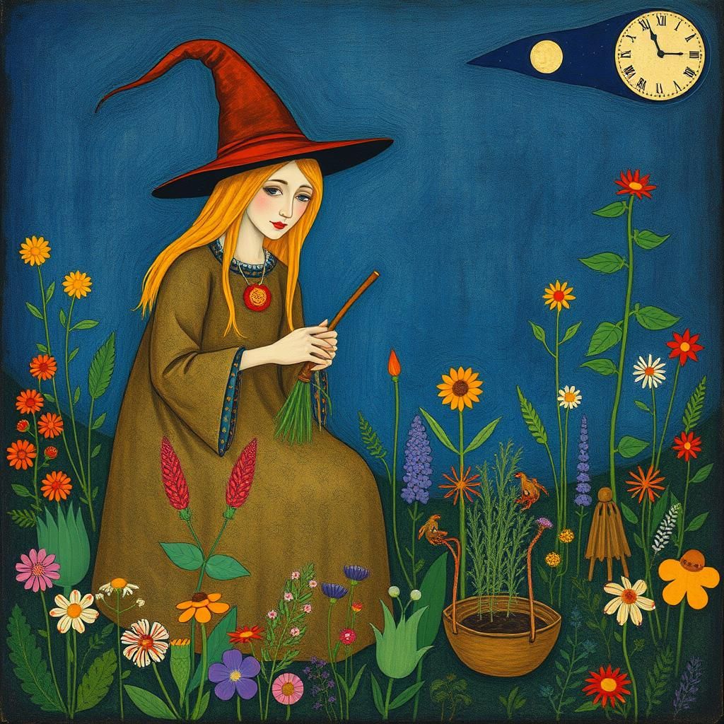Herb Witch in Garden, Naive Art Illustration