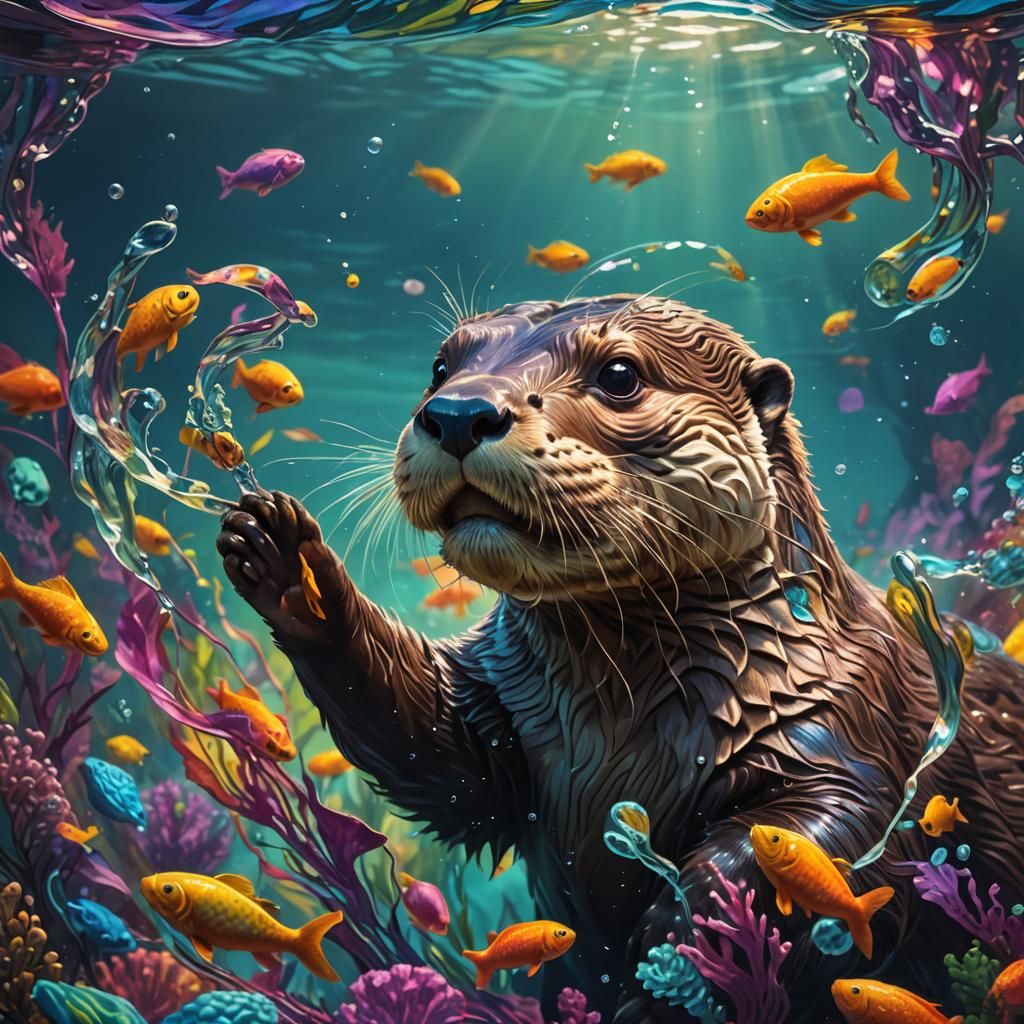 Psychedelic Underwater Otter Catching Fish: Hyperrealistic S...