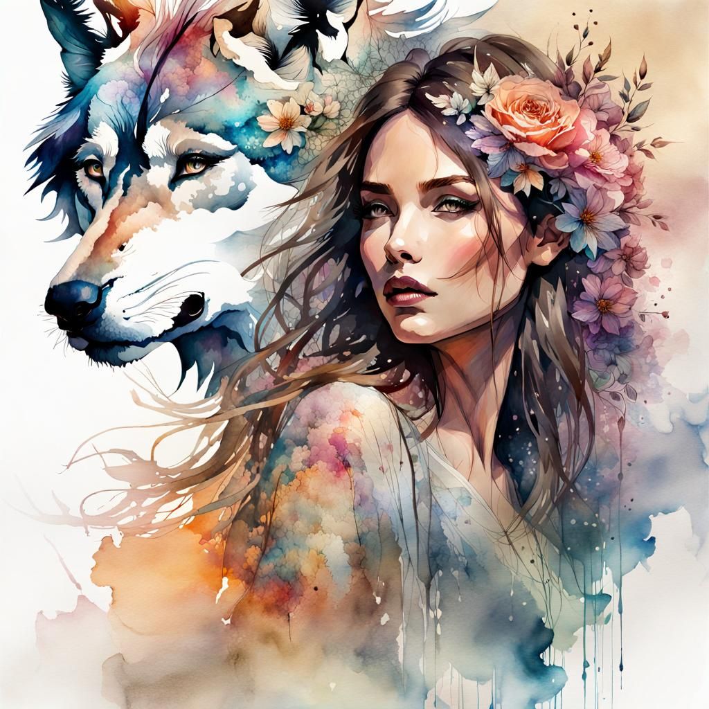 Watercolor Woman-Wolf in Mountain Sunset