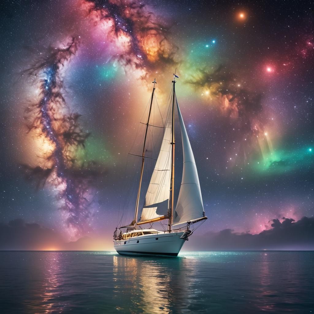 Sailboat Swims in Rainbow Galaxy with Magic Lights