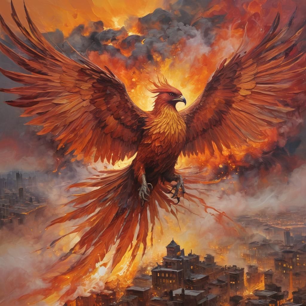 Cyberpunk Phoenix Amidst Burning Metropolis in Vibrant Impas...