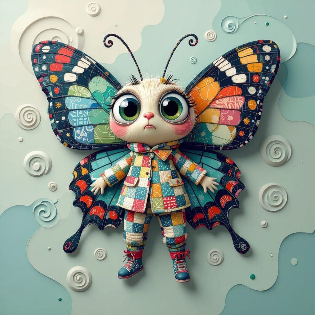 Confused Butterfly in Patchwork, Whimsical 3D Cartoon