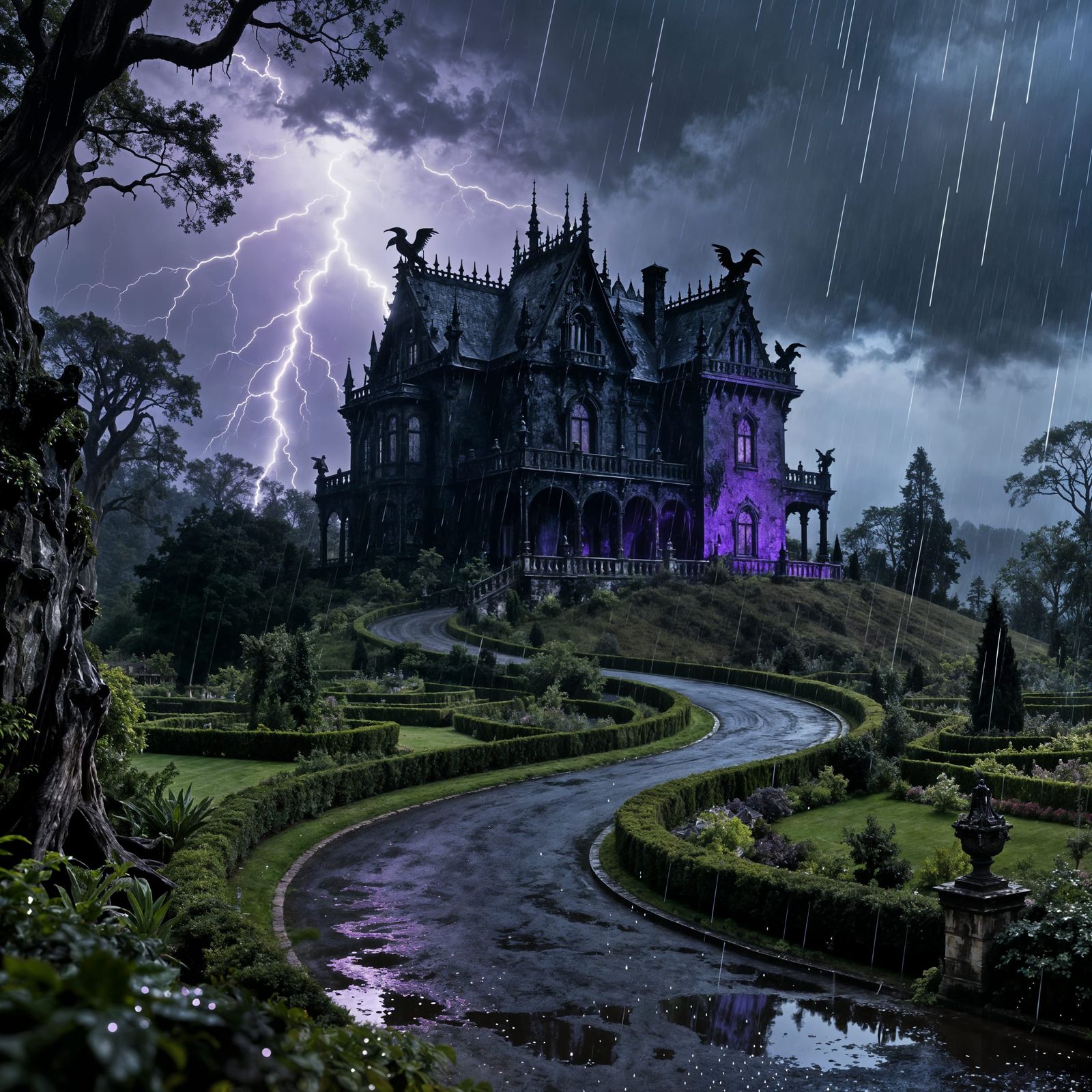 Gothic Mansion on Hill Under Lightning Storm