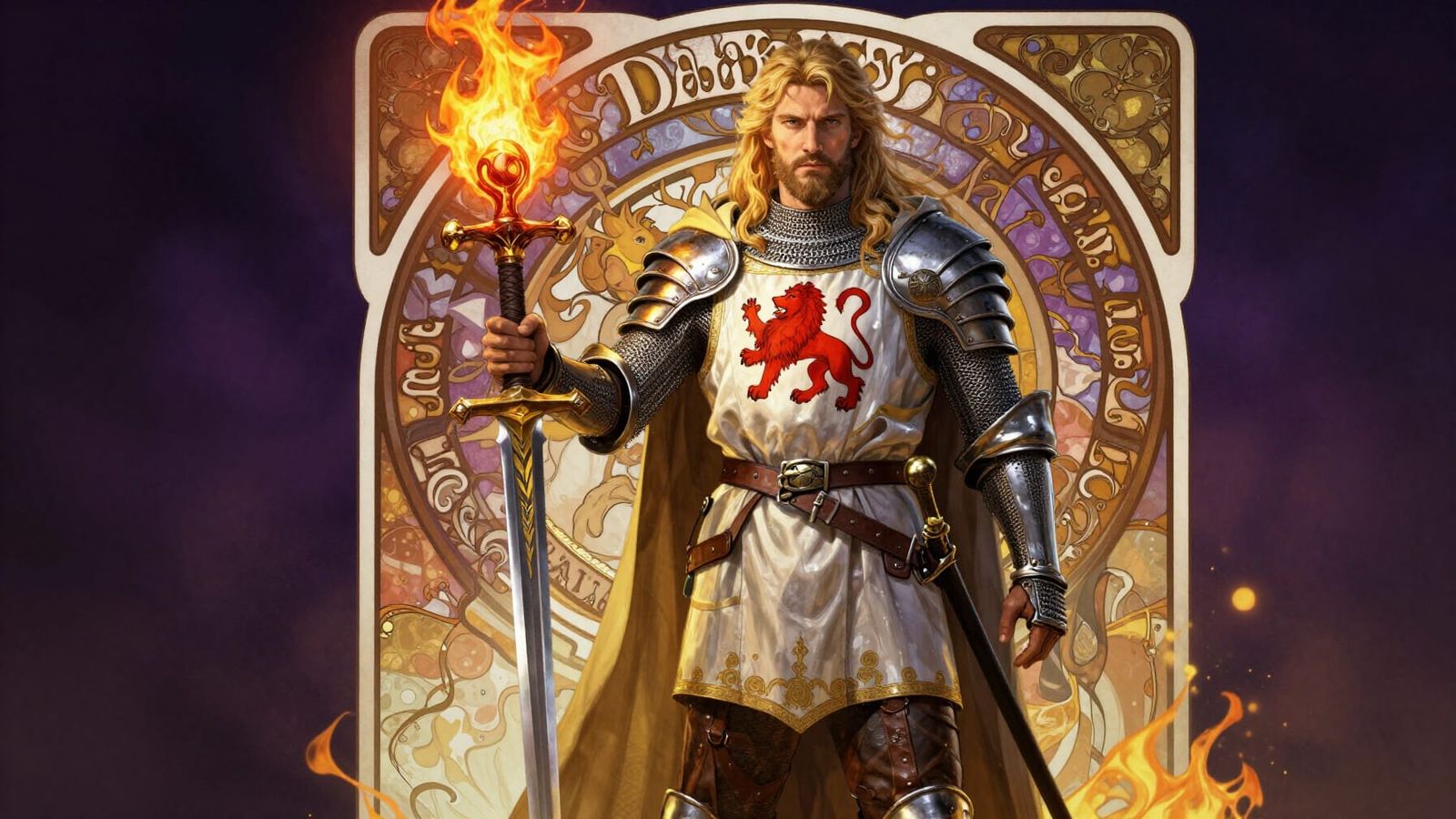 Dark Fantasy Priest with Lioness Emblem and Flameberge Sword