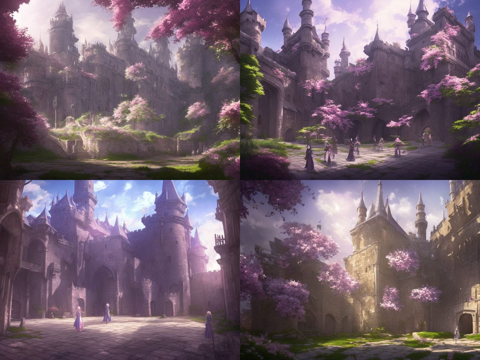 Crystalline Medieval Castle Courtyard in Anime Style