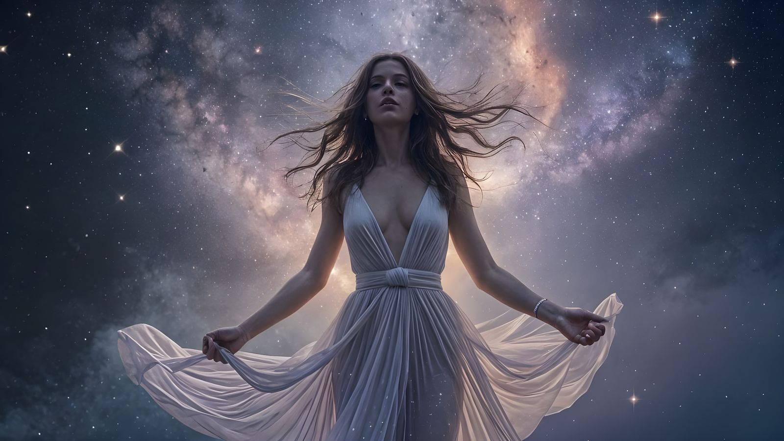 Woman Floating Between Parallel Universes in Hyperrealism