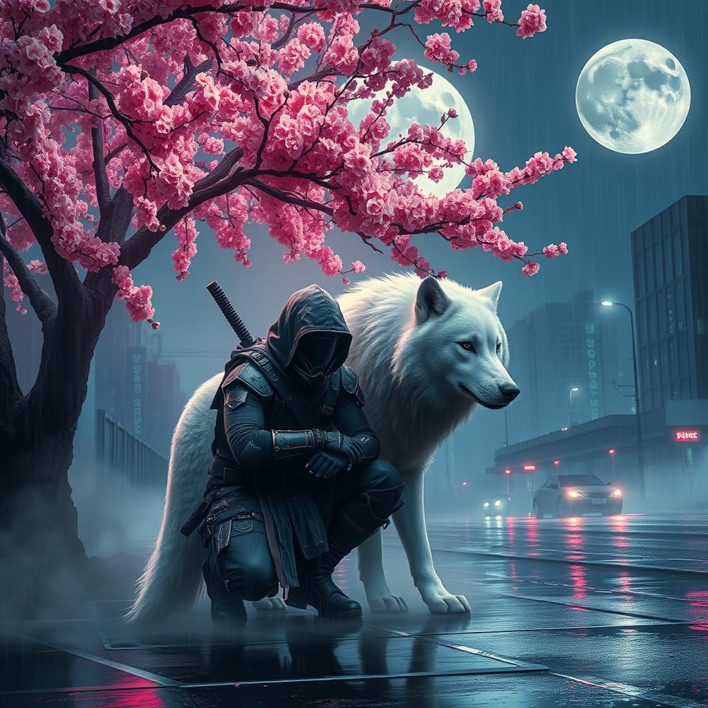 Cyberpunk Ninja and Wolf Under Cherry Blossoms in Neon Dysto...