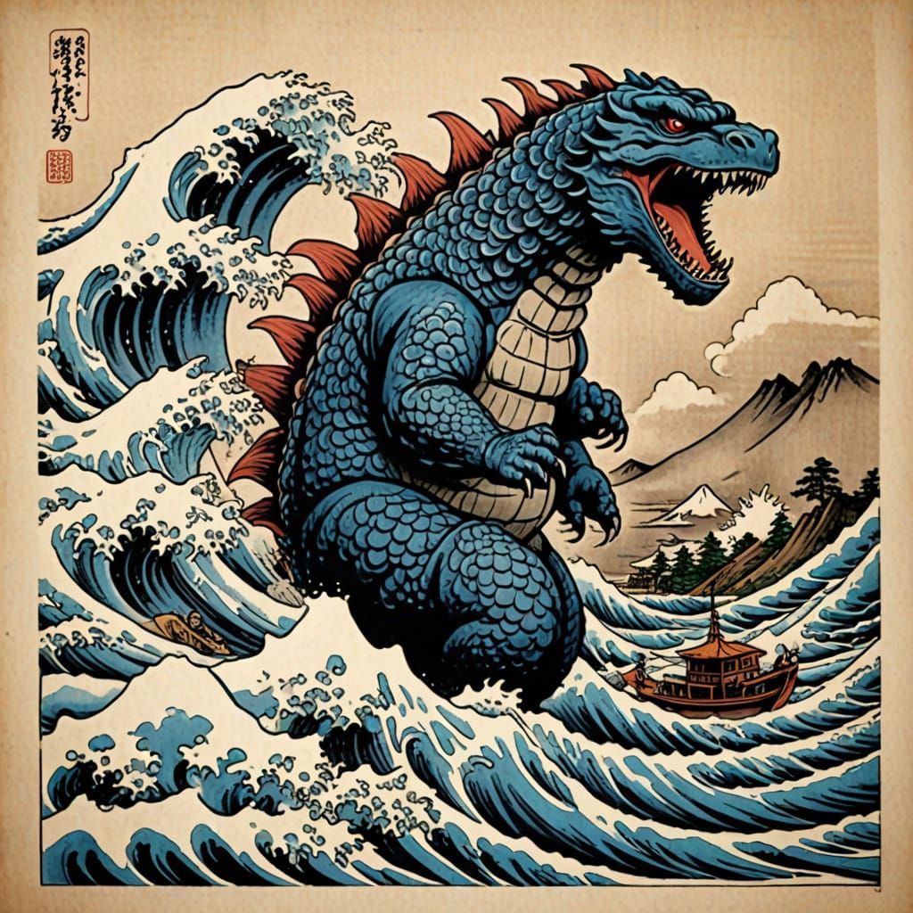 Godzilla Surfing Hokusai Wave Tattoo Design