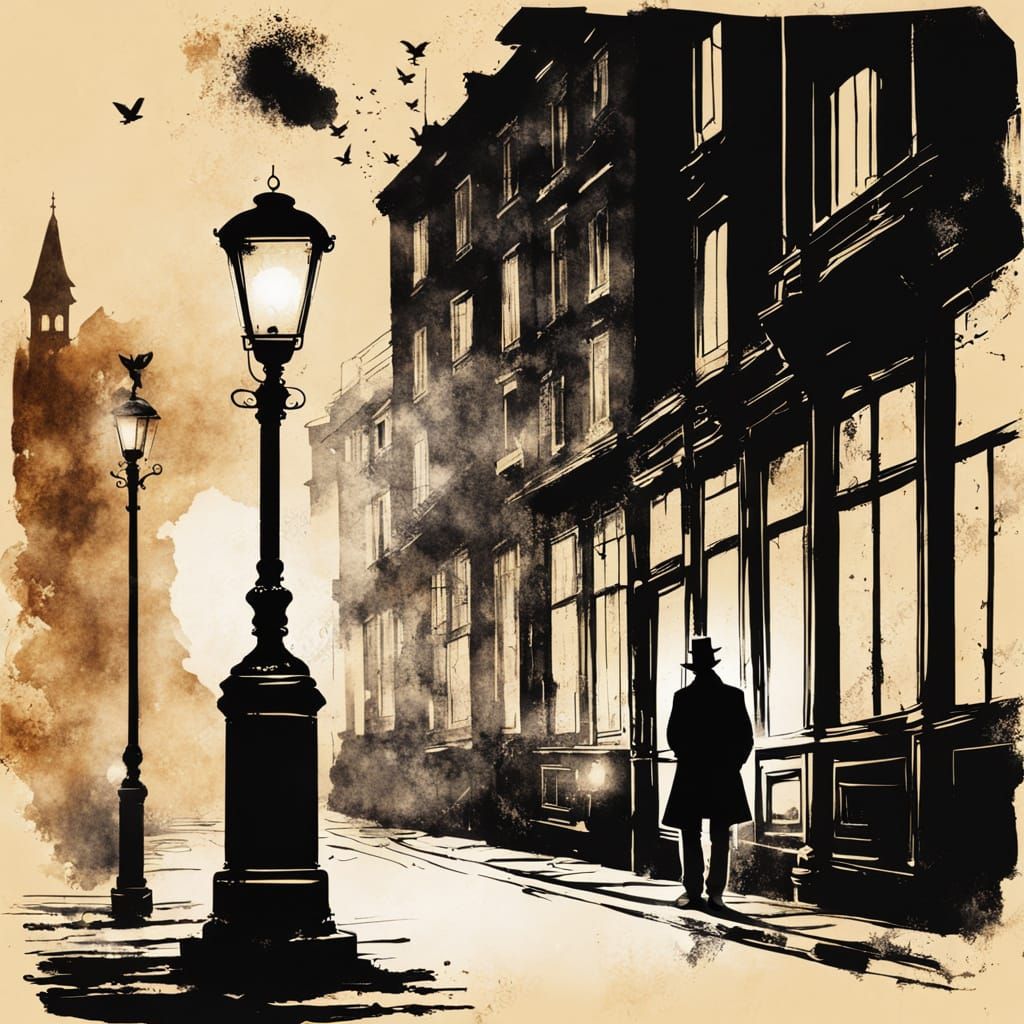 Steampunk Silhouette Amidst Vintage European Street Scene