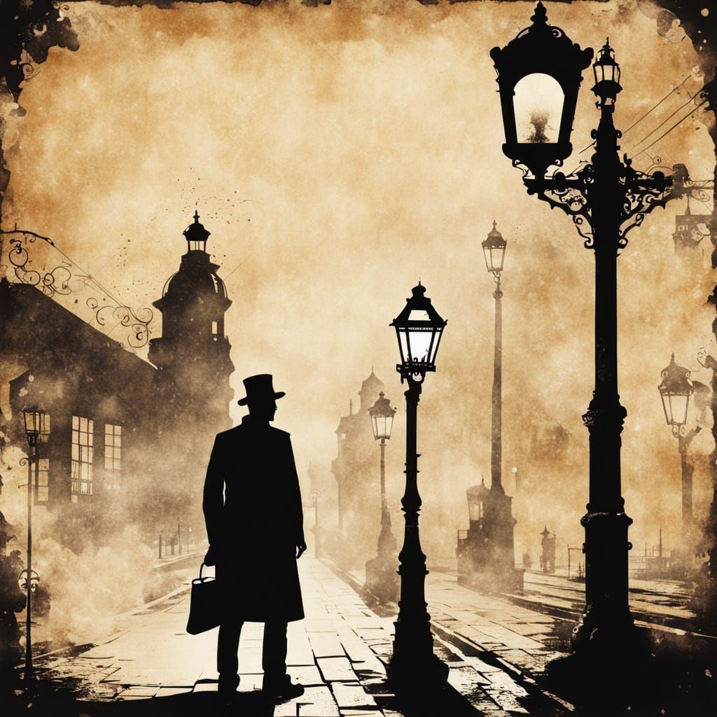 Steampunk Magician Under Vintage Street Lanterns