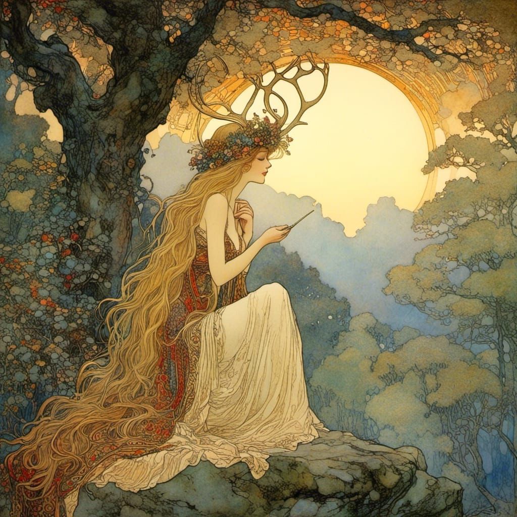 Woman with Antlers in Jewel-Toned Forest, Golden Age Illustr...