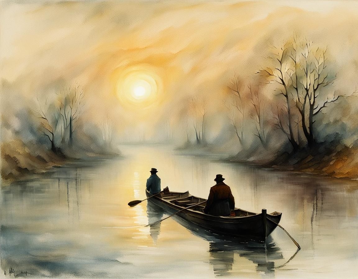 Misty River Crossing in Romanticism Style