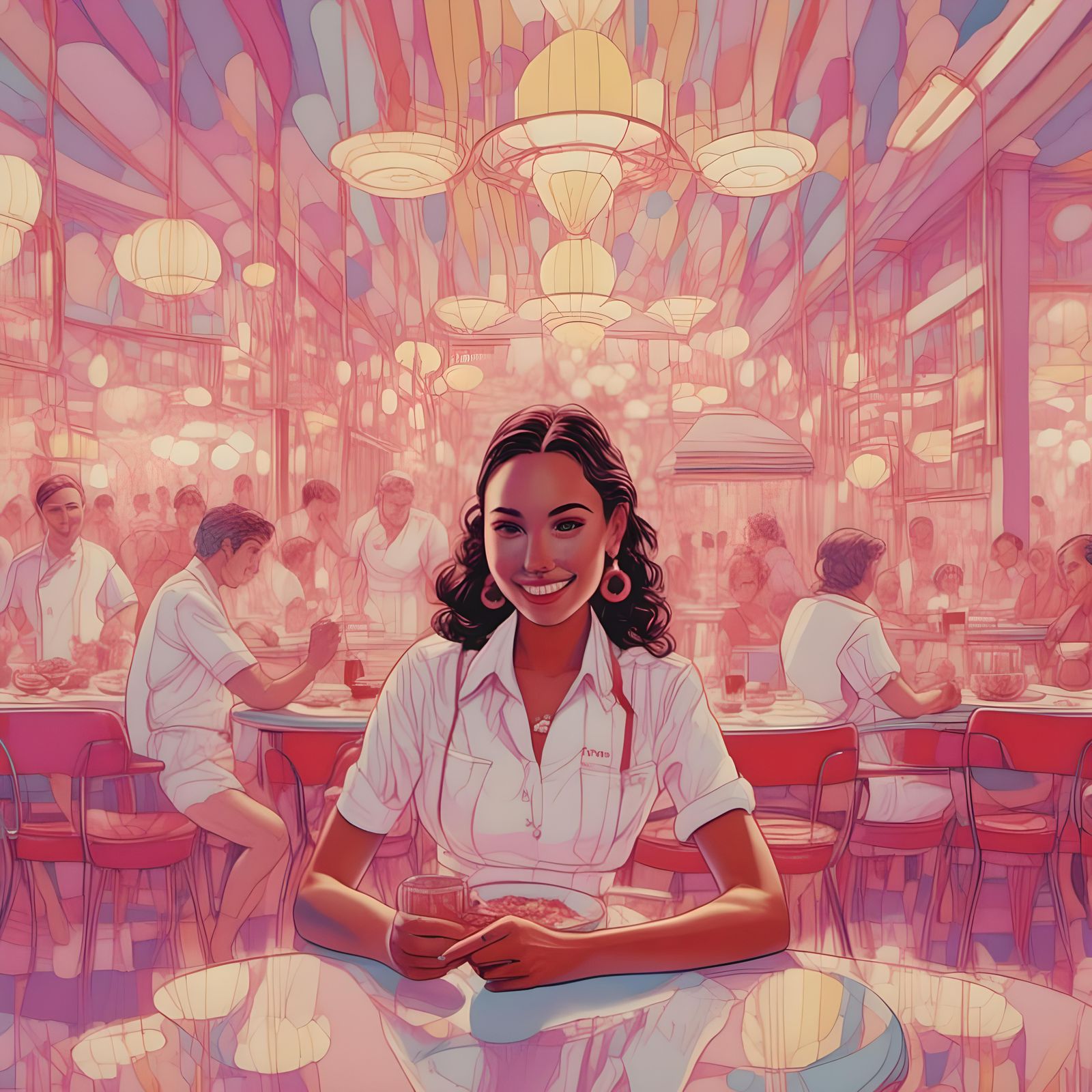 Waitress in Latin American Restaurant, 1980s Style