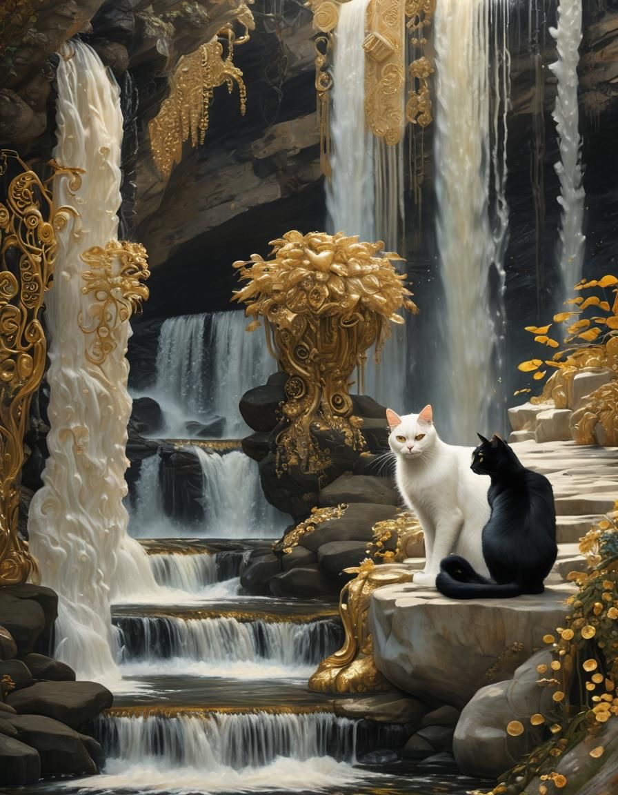 Mystical Cats at Waterfall in Klimt Style