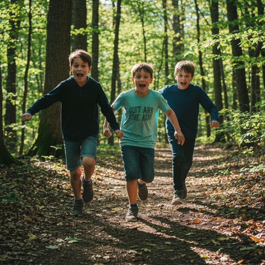Boys Running Joyfully Through a Sunny Forest