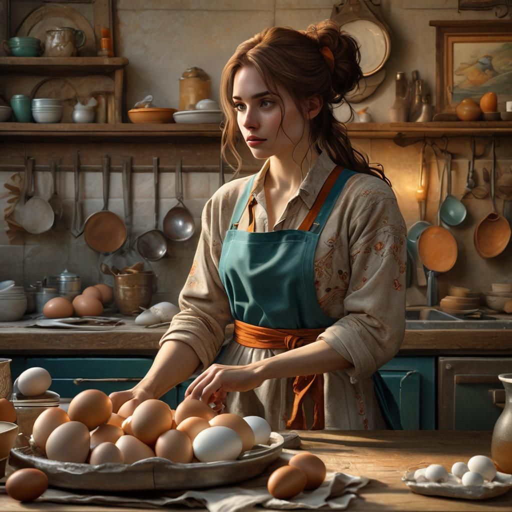 Tradwife Cracking Eggs: Hyperrealistic Concept Art
