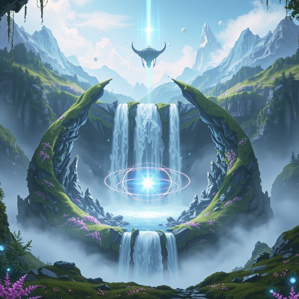 A breathtaking fantasy waterfall cascades in a unique, circular formation through lush, glowing purple and green foliage...