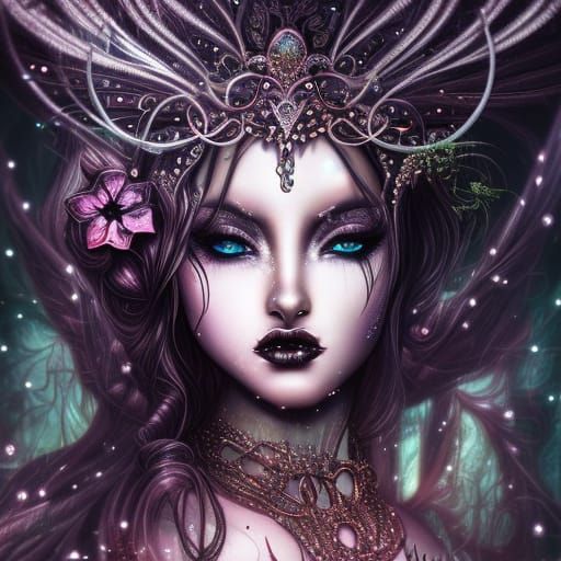 Hell Witch with Bone Crown in Collage Illustration Style