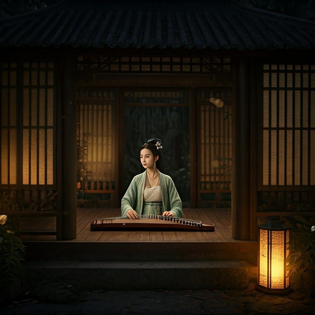 Young Woman Plays Guqin in Ancient Chinese Hut