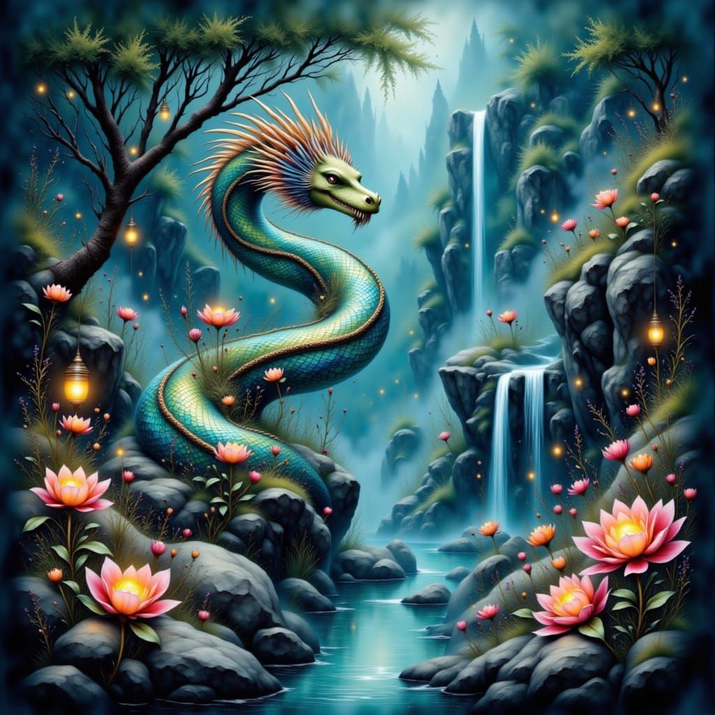 Bioluminescent Serpent Dragon in Misty Valley