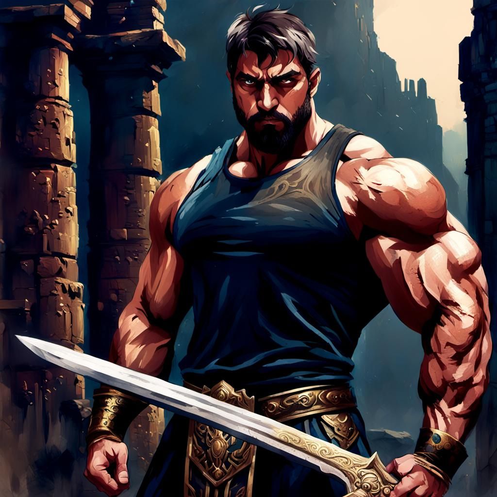 Heroic Muscular Warrior in Fantasy Armor