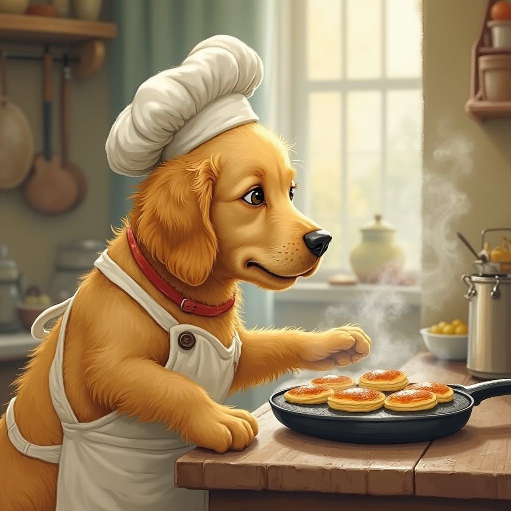Golden Retriever Chef Cooks Pancakes in Cozy Kitchen