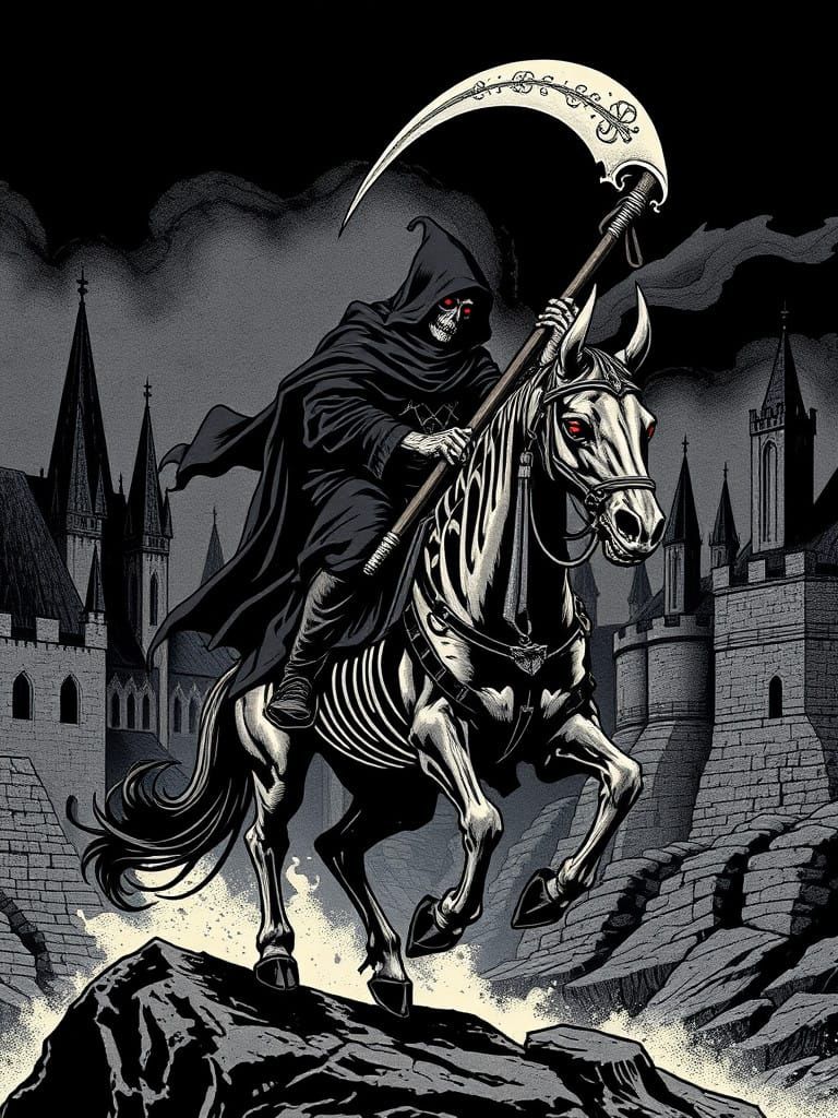 Grim Reaper on Horseback in Woodcut Style