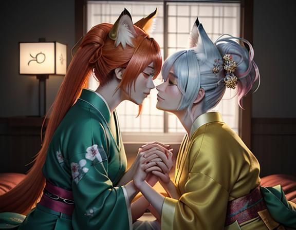 Two Kitsune Kissing in Manga Style Bedroom