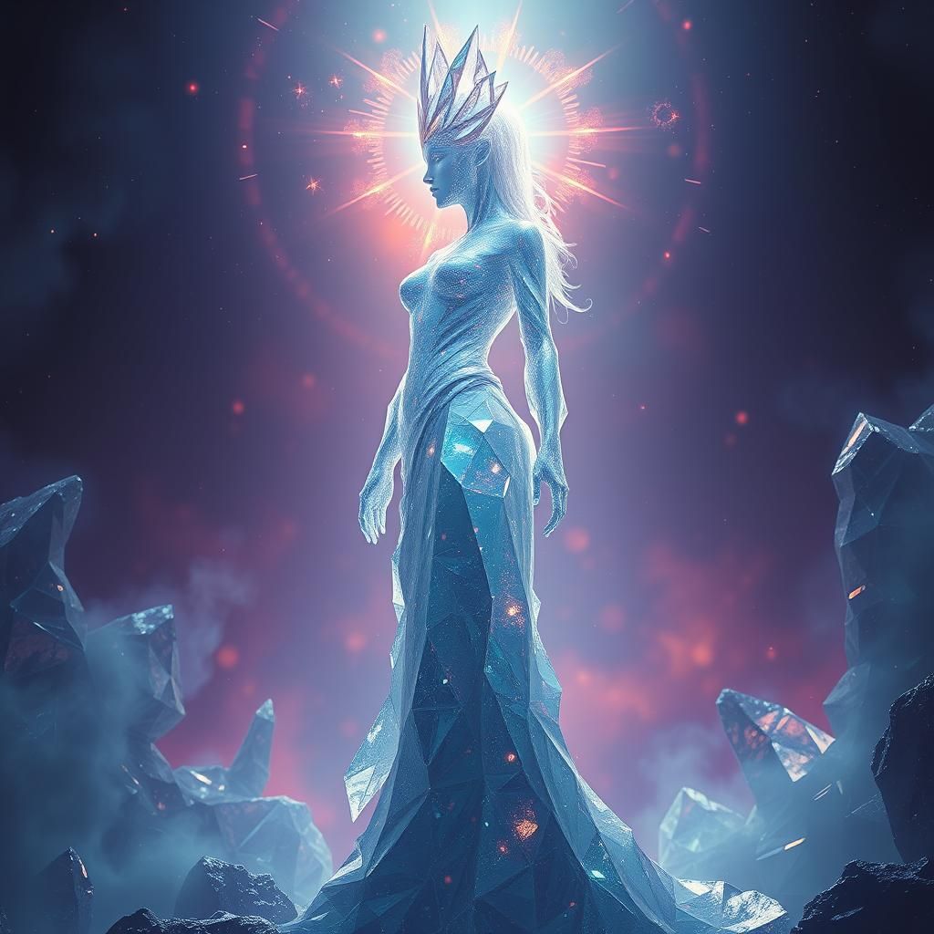 Crystalline Female Figure in Mystical Realm: Concept Art