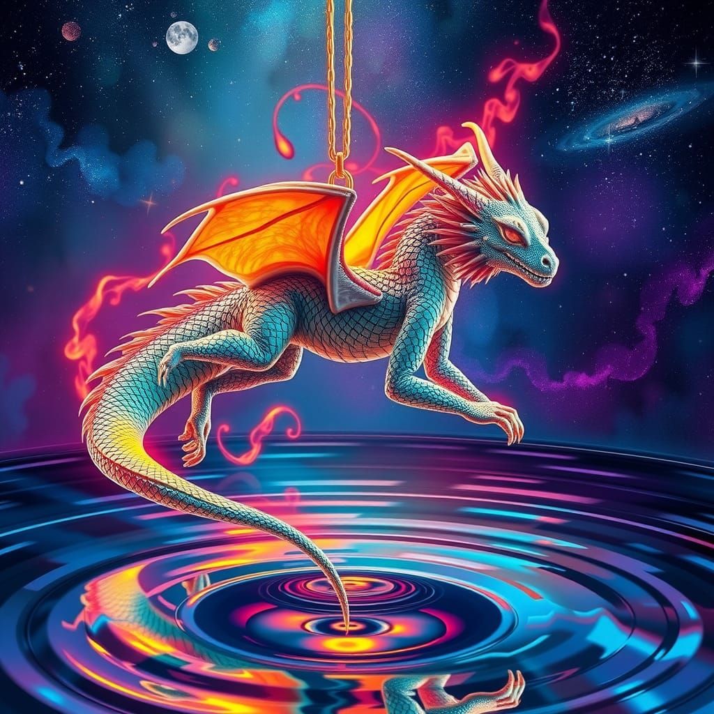 Dragonkin in Liquid Metal Mirror Under Cosmos Sky